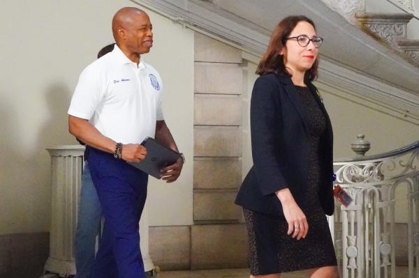 NYC Mayor Eric Adams was asked about the recent FBI subpoena by reporters after press conference was held in City Hall, mhtn. (Right) Counsel Lisa Zornberg, City Hall Chief Counsel.